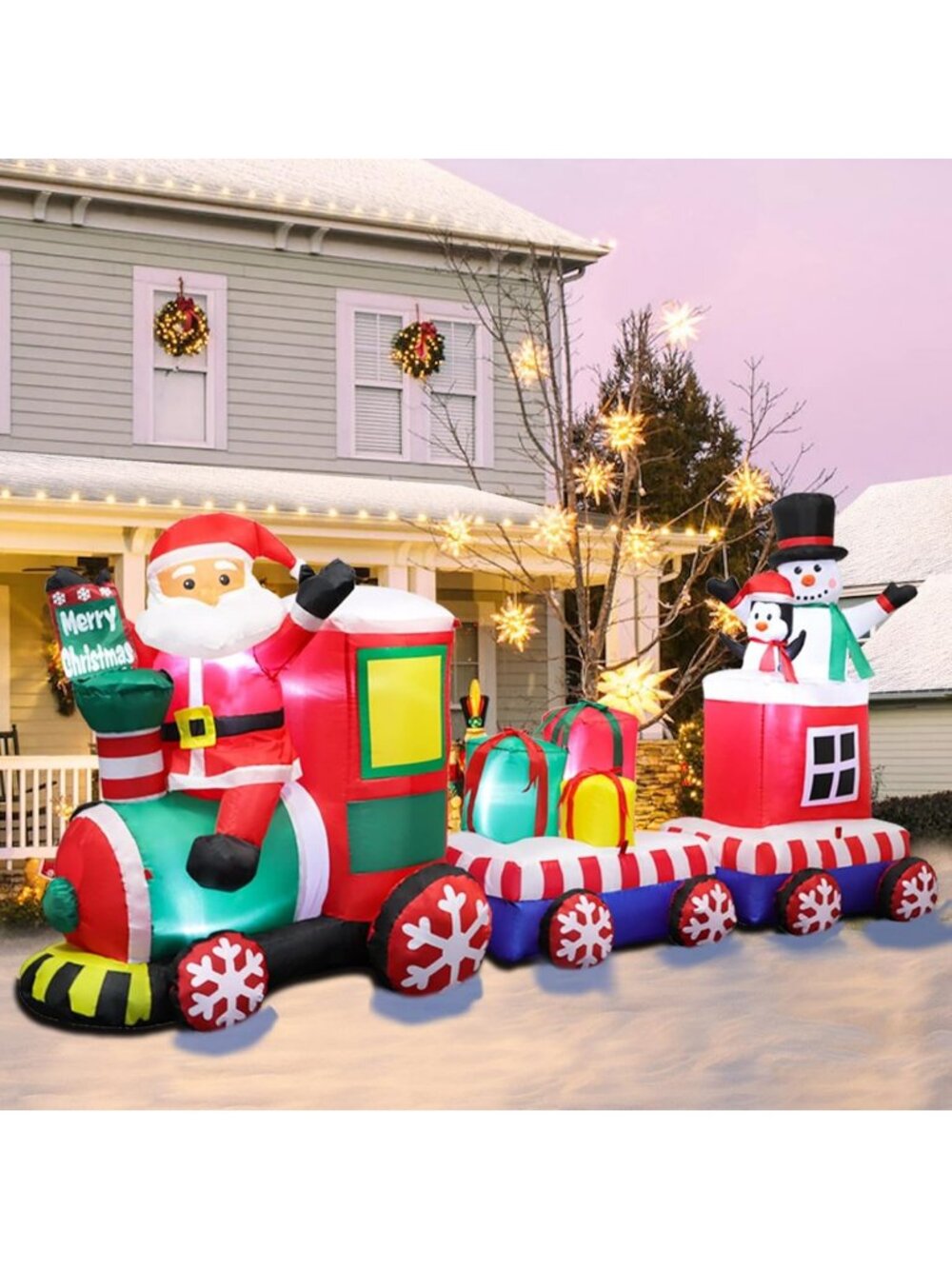 8 FT Christmas Inflatable Train with Santa, Snowman, Gift Boxes